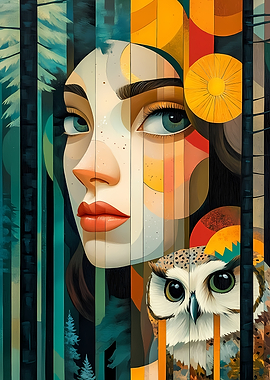 Woman and Owl in Forest