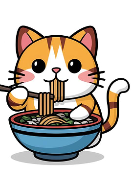 Cute Cat Eating Ramen