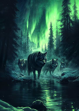 Wolf Under Aurora Borealis