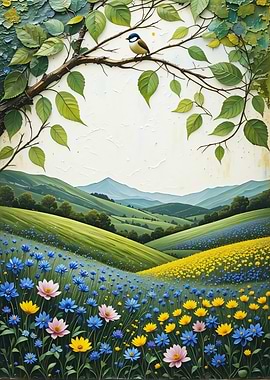 Bluebird Over Wildflowers