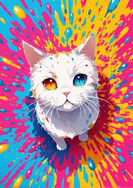 White Cat in Colorful Splashes