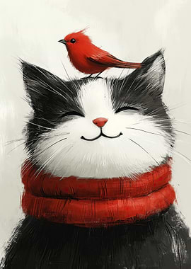 Smiling Cat with Bird