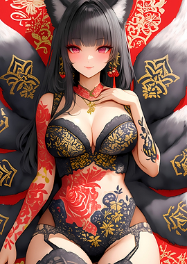 Kitsune Girl in Lace Anime Girl Waifu Gaming