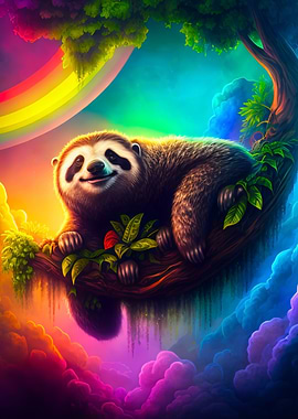 Smiling Sloth in Rainbow Sky