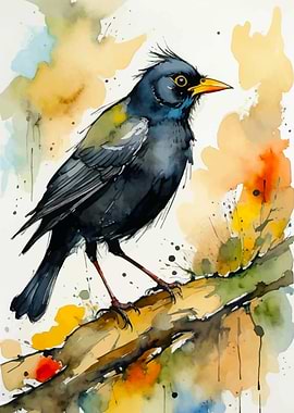 Watercolor Eurasian Blackbird on Branch