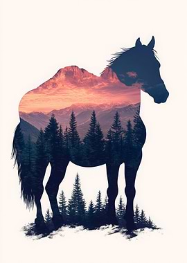 Horse Silhouette with Mountain Landscape