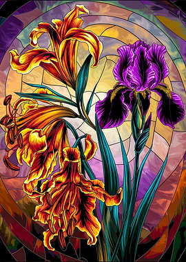 Vibrant Tiger lily and Phoenix Iris Stained Glass