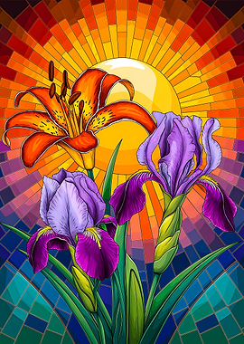 Floral Lily & Iris with Radiant Sun in Stained Glass