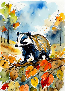 Badger in Autumn Woods