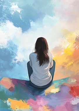 Woman Sitting on a colorful canvas