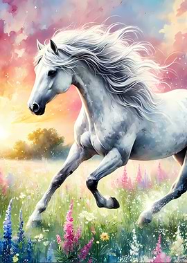 White Horse Running Through Field