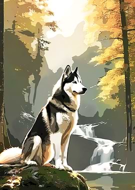 Husky by Waterfall