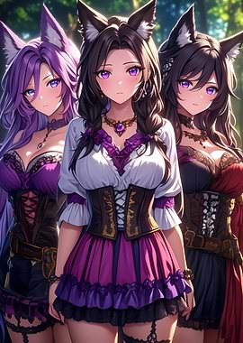 Three Anime Girls with Cat Ears