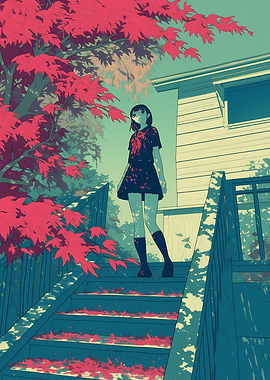 Girl on Stairs with Red Leaves