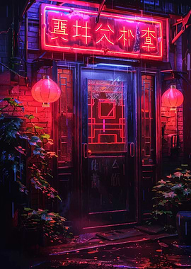 Neon Sign in Rainy Alley