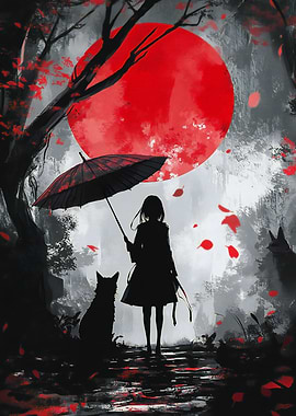 Silhouette Anime Girl with a Cat Red Moon
