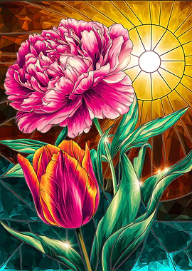 Elegant Peony and Tulip Artwork with Sun