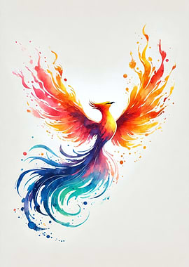 Colorful phoenix soaring with vibrant feathers and dynamic flames, symbolizing rebirth and transformation