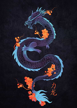 Blue Dragon with Flowers