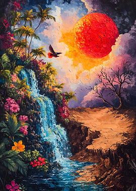 Tropical Waterfall and Red Sun