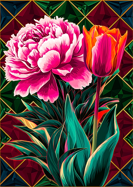 Peony and Tulip in Radiant Stained Glass