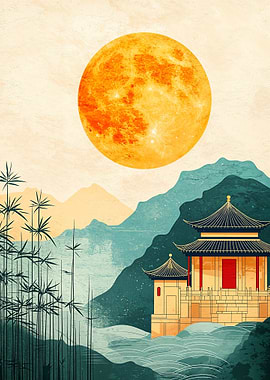 Japanese Temple Under Full Moon