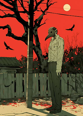 Masked Figure in Red Sunset