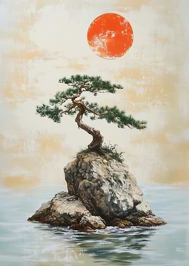 Lone Bonsai Tree and Red Sun