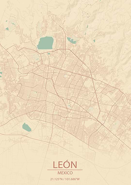 León, Mexico Vintage Style City Map