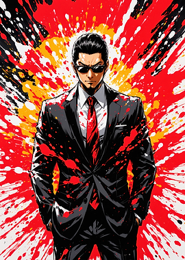 Anime Yakuza in Suit with Red Splatters