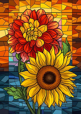 Radiant Dahlia and Sunflower Blossom Stained Glass Design