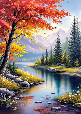 Autumn River Landscape Art