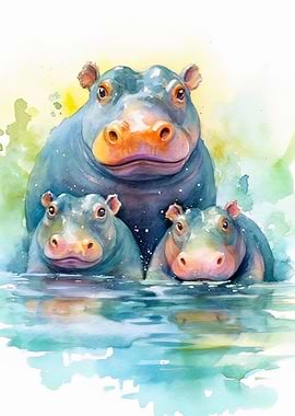 Hippo Family Watercolor