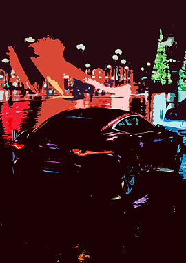 Jaguar parked in Paris at night