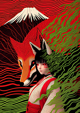 Kitsune Spirit with Mount Fuji