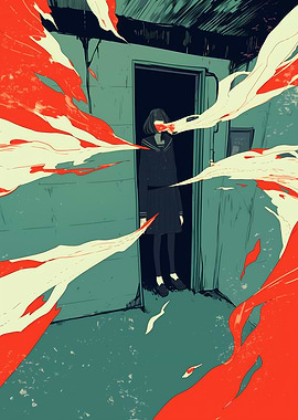 Girl in Doorway with Red and White Streaks