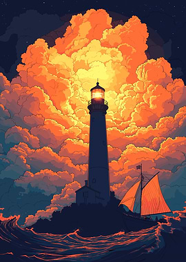 Lighthouse Under Sunset Clouds