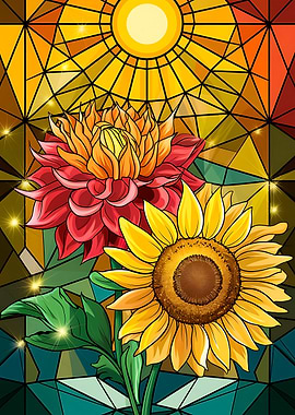 Stained Glass Dahlia and Sunflower with Layered Petal Design