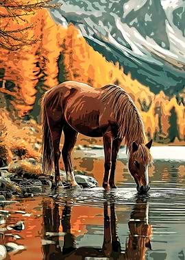 Horse Drinking from Lake