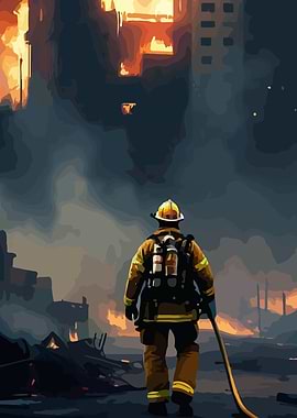 Firefighter in Burning City