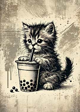 Kitten with Boba Tea