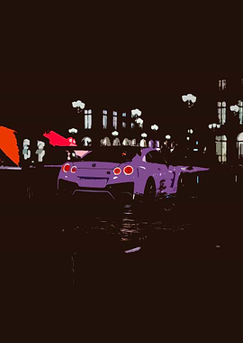 Purple Nissan GT-R in Paris at night