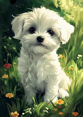 Maltese dog Puppy in Flowers