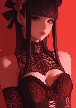Anime Girl in Red Lace Gaming