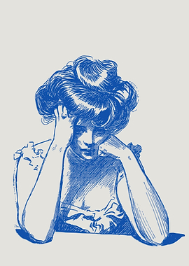 Blue Line Drawing of Woman