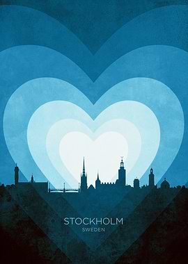 Stockholm Sweden Skyline Hearts Blue