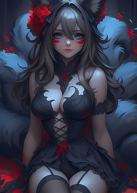 Anime Fox Girl in Black Dress Gaming