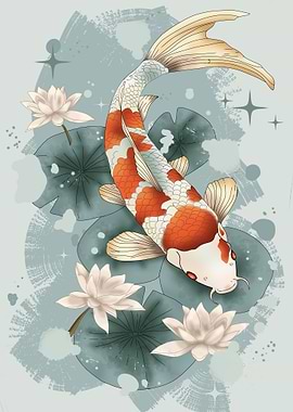 Koi Fish and Lotus Flowers