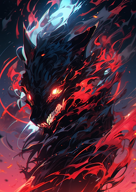 Fiery Wolf Creature anime style