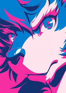 Wolf Portrait in Blue and Pink
